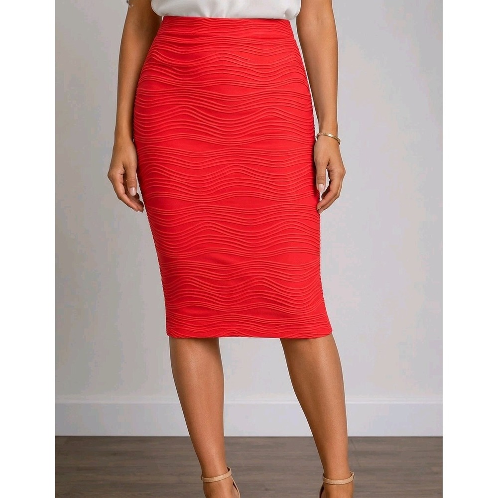 Vintage Y2K Courtenay Women's Coral Red Textured Stretch Pencil Midi Skirt L